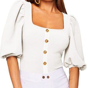 Women's Casual Puff Sleeve Square Neck Slim Fit Crop Tee Tops
